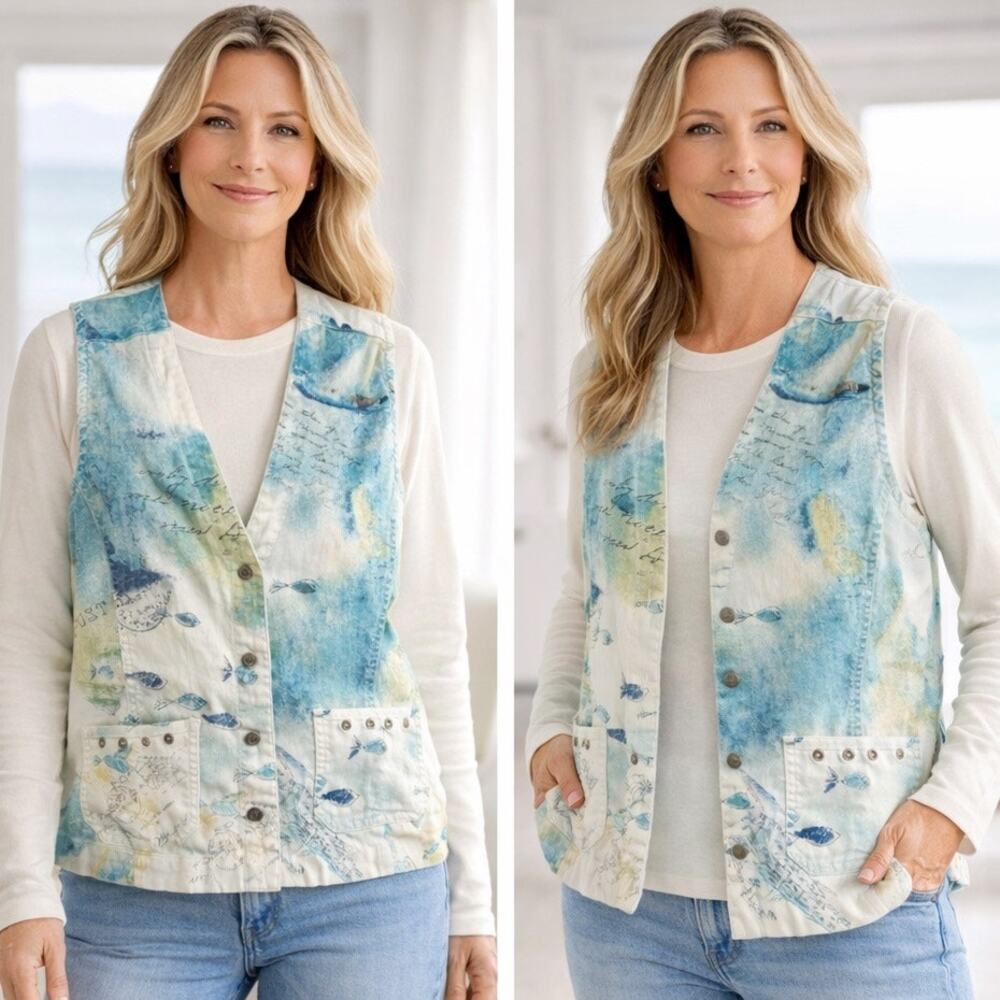 Chicos 0 Postcard Print Vest Small Blue Cotton Button V Neck Cruise Artsy